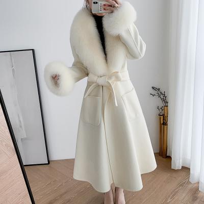 China Celebrity Fashion Women Woolen Coat Fox Fur Jacket Breathable Hooded Trends Belted Long Cashmere Woolen Winter Coats for sale