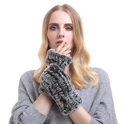 China Custom Made Luxury Winter Fashion Striped Rabbit Fur Warm Women Ladies 100% Real Knitted Neck Fur Gloves for sale