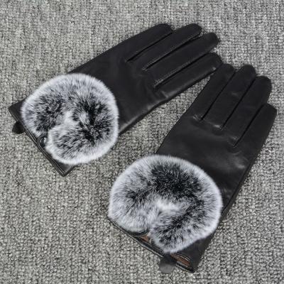 China Latest Winter Fur Women PU Leather Gloves Black Luxury Fur Lined Warm Leather Ladies Full Finger Travel Outdoor Motor Gloves for sale