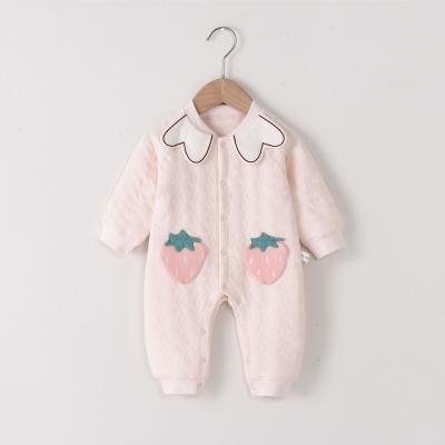 China Cute Baby Cotton Overalls Winter Clothes Newborns Cute Strawberry Clothes Three Layer Lapel Warm Baby Out Clothes for sale