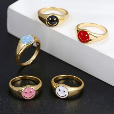 China TRENDY 18K Gold Plated Enamel Neon Open Rings Rainbow Smiley Face Ring For Women for sale