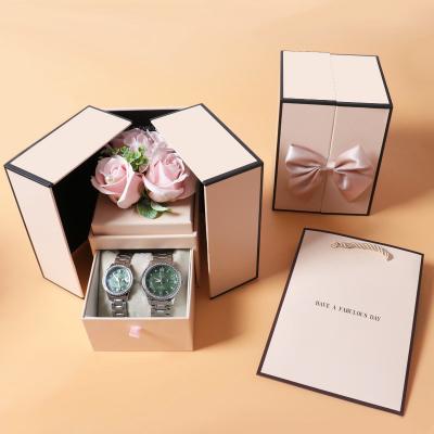 China Creative Cardboard Valentine's Day Couples Watch Box Rose Drawer Gift Box Watch Box With Bag for sale