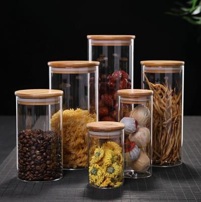 China Food Wholesale 250ml 500ml Empty Spice Candy Coffee Food Storage Containers Bottle Bamboo Seal Lid Glass Jars for sale