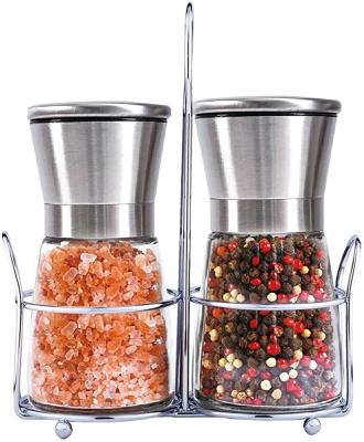 China Amazon Coarse Salt Grinders and Viable Adjustable Grinder Mills Set Popular Salt and Pepper Set of 2 with Stainless Steel Rack for sale