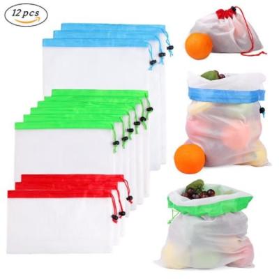 China Hot Selling 12pcs Amazon Handle Mesh Produce Bags Premium Eco-friendly Reusable Rope See Through Lightweight Mesh Bag For Fruit Vegetable for sale