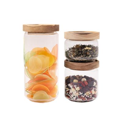 China Custom Freshness Storage Borosilicate Glass Acacia Storage Sealed Jar Coffee Pot Kitchen Organize Food Spice Jar for sale