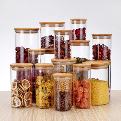 China Viable Food Storage Canister Airtight Round Glass Bamboo Lid Glass Jar Pasta Container With Wooden Lid for sale