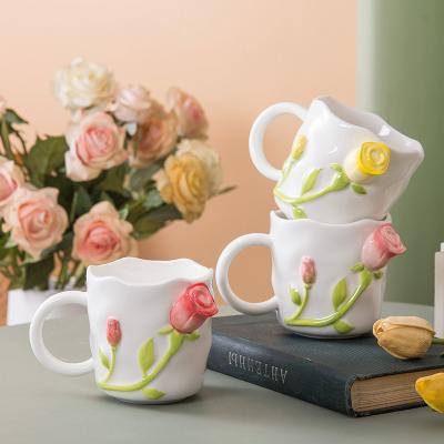 China Viable Hand Painted Flower Ceramic Coffee Mug Cup Flower Shape Nordic Rose Porcelain Cups Mug Ceramic Coffee Mug Gift for sale