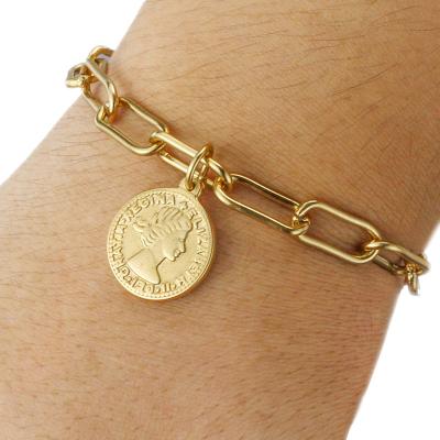 China Hiphop Fashion Stainless Steel Girls Women Round Chain Bracelet Gold Retro Gold Coin Bangle Map Hip Hop Restriction Thick Link Wrist for sale