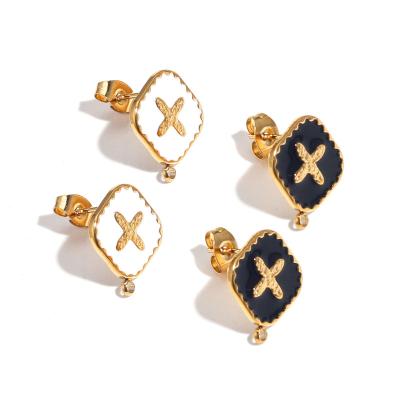 China Fashionable Stainless Steel Enamel Black White Earring Posts Gold Ear Studs With Cross Loop Adjustment DIY Earrings Jewelry Dropshipping for sale