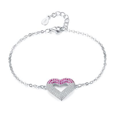 China 925 Sterling Jewelry Eco-Friendly Silver Zircon Stones Heart Shape Charm Chain Bracelets For Woman for sale