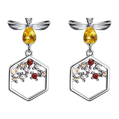 China Environmental Friendly 925 Sterling Silver Jewelry Zircon Bee Honeycomb Shaped Drop Dangle Earrings For Women for sale