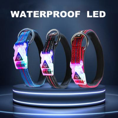 China Reflective Para Waterproof Stocked Dog Collar Perros LED Light Up Glow In The Dark USB Pet Waterproof Dog Collar for sale