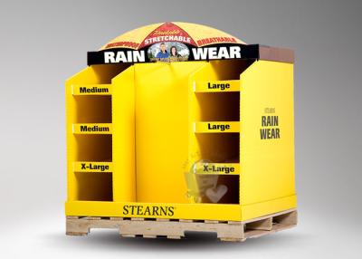 China Six pockets with bright yellow cardboard retail pallet displays for rain wear for sale