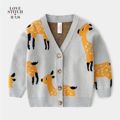 China New Design Korean Baby Boy/Girls V Collar Anti-pilling Autumn New Design Fashion Cartoon Elk Sweaters Breathable Cardigan Knitted Button Sweater for sale