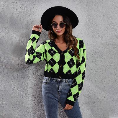 China Women Argyle Knitting Jacquard Top For Sale Breathable Warm V-Neck Cardigan With Button Casual Sweater for sale