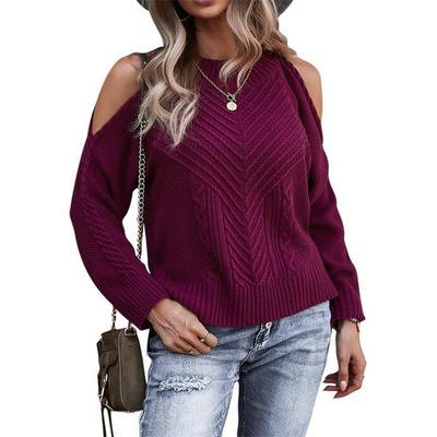 China Latest Design Breathable Autumn European and American Women's Solid Knitted Sweater With Off-shoulder Pullover for sale