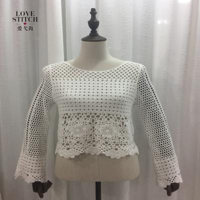 China Latest gold supplier popular anti-pilling special design ladies crochet lace tops blouse with flower design for sale