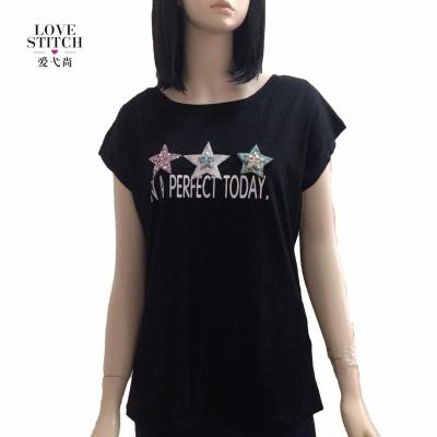 China Factory Price Fashionable Summer Design Guangzhou Anti-pilling Basic Women Print T-shirt With Diamond And Star Sequin for sale