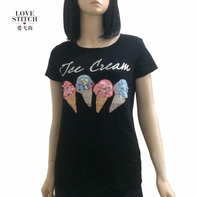 China OEM 2018 latest design women's soft and comfortable hot sale anti-pilling t-shirt with digital pearl and printing ice cream diamond for sale