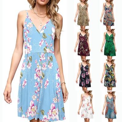 China Floral Print Anti-Static Bohemian Casual V-Neck Summer Dress Vintage Women Sleeveless Drawstring One-Piece Dress for sale