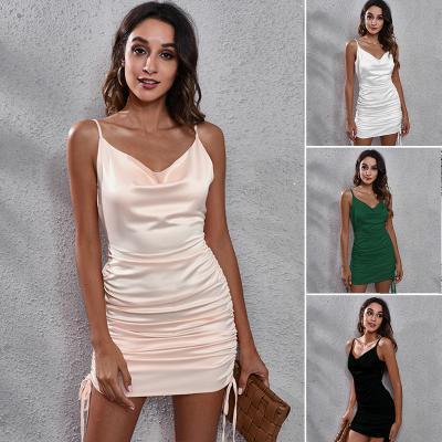 China 2022 Summer Anti-Static Drawstring Satin Backless V-Neckline Spring Pleated One-Step Skirt Satin Suspender Female Dress For Women for sale