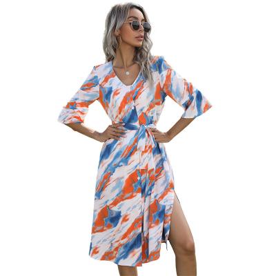 China 2021 Breathable Cotton French Spring - Style New V-Neck Tie Dye Half Sleeve Dress Knee Length Flare Casual YS for sale