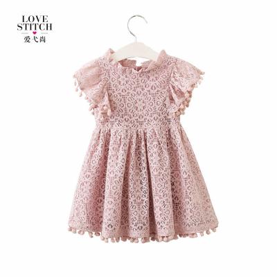 China Summer Fly Anti-Static Spring And Sleeve Hollow Out Princess Girls Children Lace Dress Pink for sale