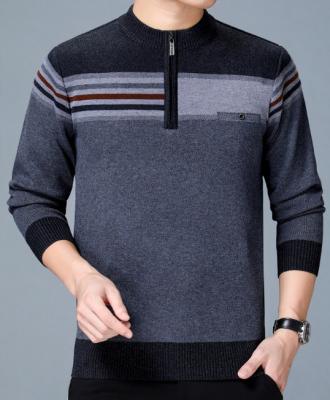 China Men's Striped Polo Neck Half Zip Sweater Merino Wool Sweater Winter Warm Collar Acrylic Anti-wrinkle Jacquard Logo Sweater Custom Knitwear for sale