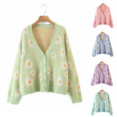 China 2021 New Sun Anti-wrinkle Flower Jacquard Long Sleeve Short Knitted Cardigan Sweater For Women for sale