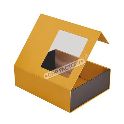 China Yellow Printed Magnetic Flap Gift Box Personalised Magnetic Box With Clear Window for sale