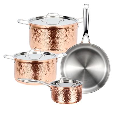 China Sustainable Wholesale Hammered Cookware Cooking Pot Copper Pan 304 Stainless Steel Triple Cookware Set for sale