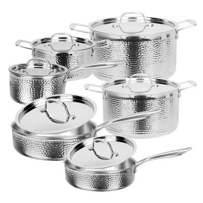 China Sustainable Customizable Straight Shape Kitchen Cooking Pot 12 Pieces Cookware Set Design Triple Hammer Stainless Steel for sale