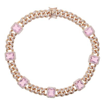 China Fashion Jewelry Europe and America Large Zircon Gemstone Full Diamond Hiphop Women Bracelet Necklace Pink Cuban Charm Chain Necklace for sale