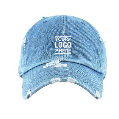 China COMMON Custom Logo Cheap Festival Outdoor Dad Hats Washed Distressed Denim Embellished Baseball Hat for sale