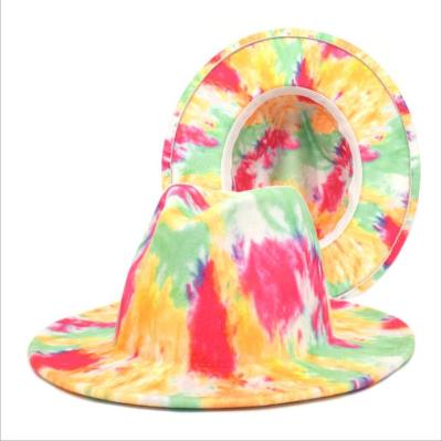 China Headwear Men's Fedora Hats Women Rainbow Dye Tie Top Hat Felt Jazz Hats Unisex Colorful Printing Sunhat for sale