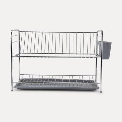 China New Design Sustainable Dish 2 Tier Single Tier Kitchen Chromed Dish Rack With Tray And Cutlery Cup Utensil Organizer Holder for sale