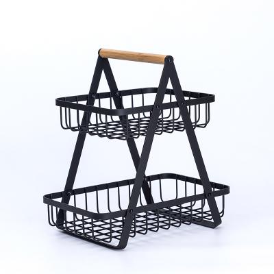 China 27X17.5X29Hcm Iron Wire Sustainable Handle Kitchen Fruit Basket Bamboo Bowl Storage Organizer Food Storage Basket for sale