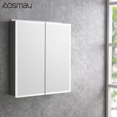 China Eclectic Toilet Luxury Aluminum Alloy 2 Door Anodized Medicine Led Light Weight Bathroom Mirror Cabinet for sale