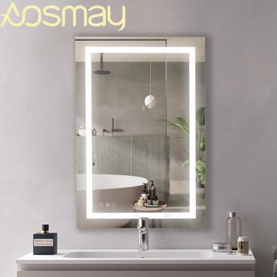 China AOSMAY Bright Smart Touch Led Lighted Mirror Bathroom Wall Dimmable Mirror With Fog Light for sale