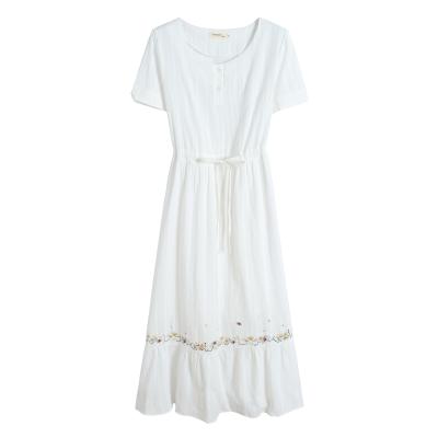 China Summer Breathable Women S To 3XL Fashion O Neck Short Sleeve Drawstring Waist Embroidery Long Cotton Dress for sale