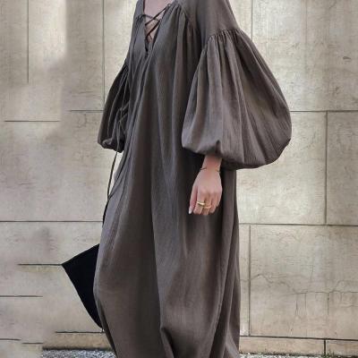 China Autumn New Women Fashion Long 3 Color Breathable Lantern Sleeve Breathable Cotton And Long Loose Linen Dress for sale