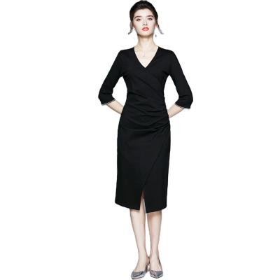 China Anti Static Wholesale Women V Neck 3/4 Sleeve Split Middle Long Black Ponte Dress for sale