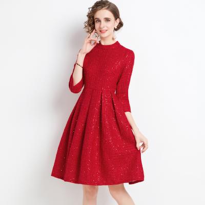 China Anti Static Women Fashion 3/4 Sleeve Sequin Beaded Red Tweed Dress for sale