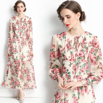 China Elegant Women Fashion Anti-Static Lantern Sleeve Long Flowing Roses Floral Print Maxi Dress for sale