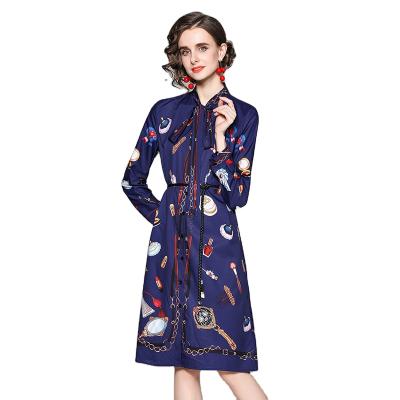 China Anti-Static Women Fashion Long Sleeve Tie Neck Belt Waist Knee Length Printing Shirt Dress for sale