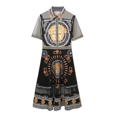 China Anti-static European and American Women Bareback Short Sleeve Retro Royal Pattern Print Mesh Patchwork Dress for sale