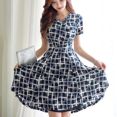 China V Neck Breathable Short Sleeve Slim Waist Plaid Pattern With Spandex Print Dress for sale