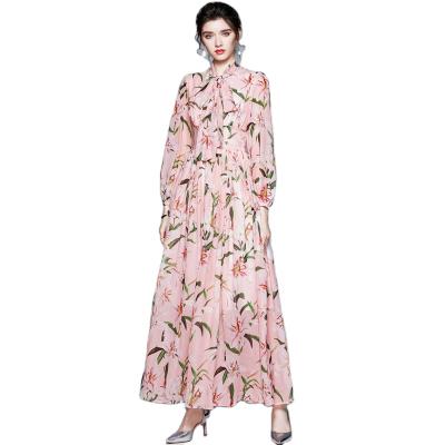 China Lily Floral Print Tie Neck Anti-Static Long Sleeve Maxi Dress for sale