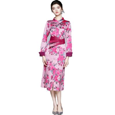 China Anti-Static Elegant Waist Belt Long Sleeve Pocket Front Floral Print Dress for sale